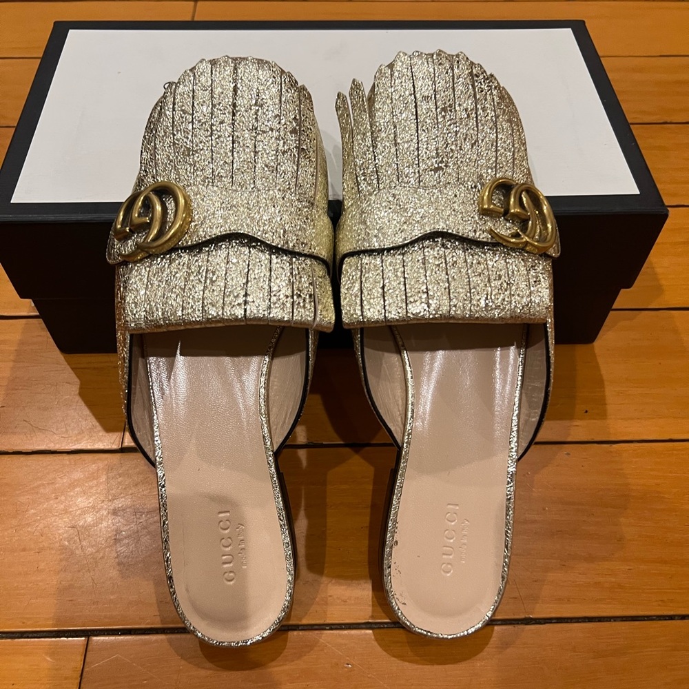 Gucci Metallic Gold Mules with Logo Accent